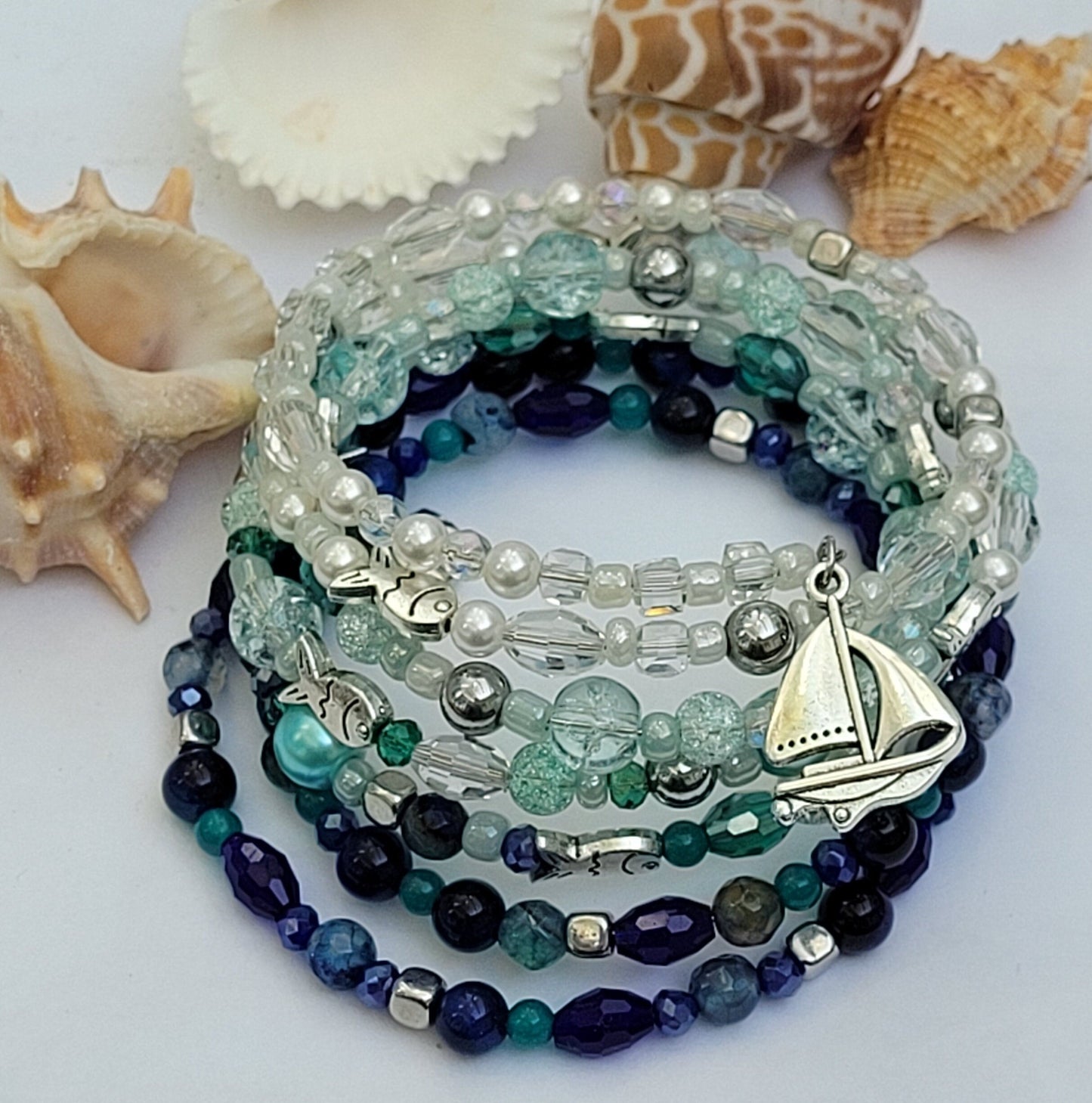 Blue Ocean Multi Strand Memory Wire Bracelet, Gemstone Cuff