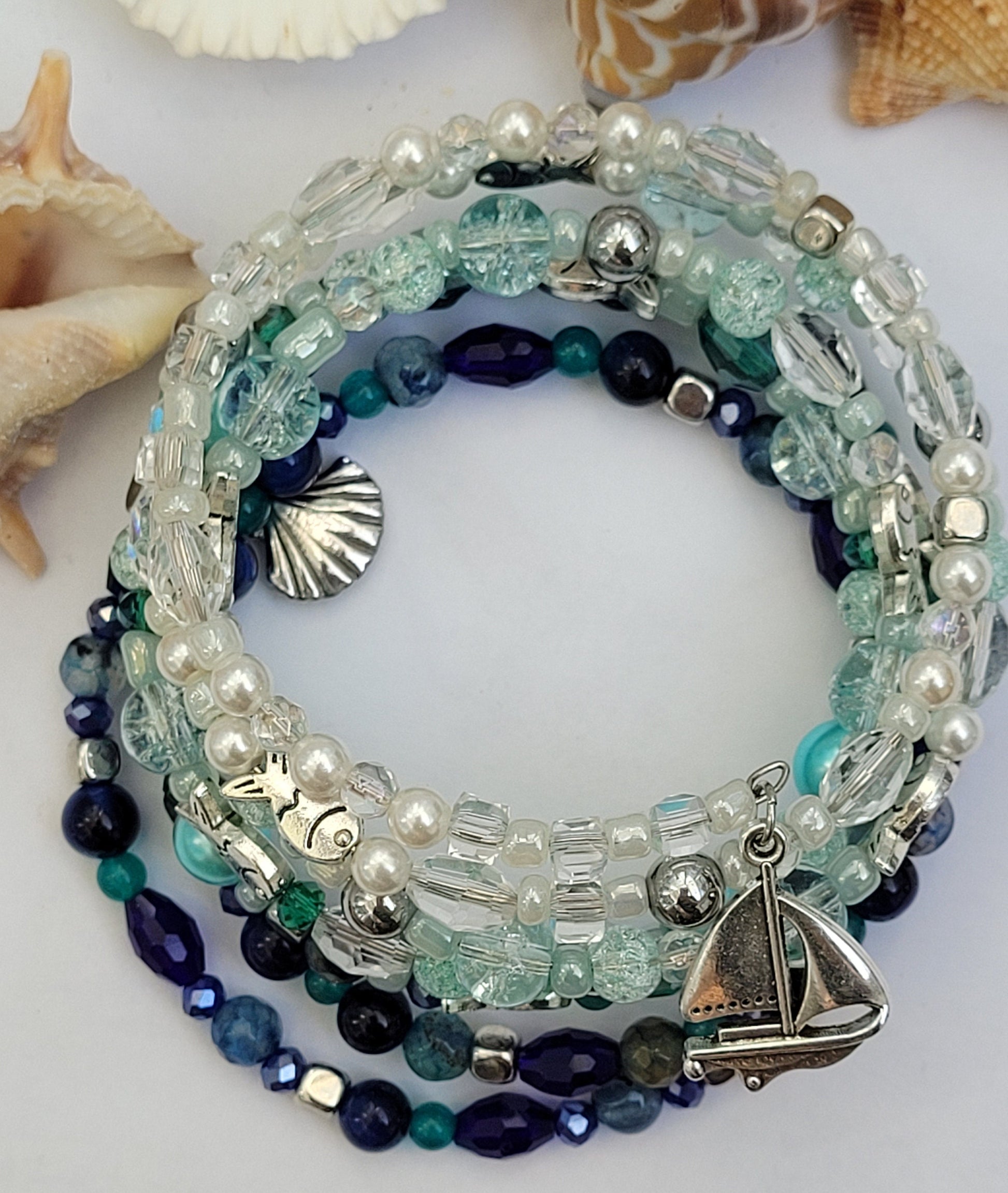 Blue Ocean Multi Strand Memory Wire Bracelet, Gemstone Cuff