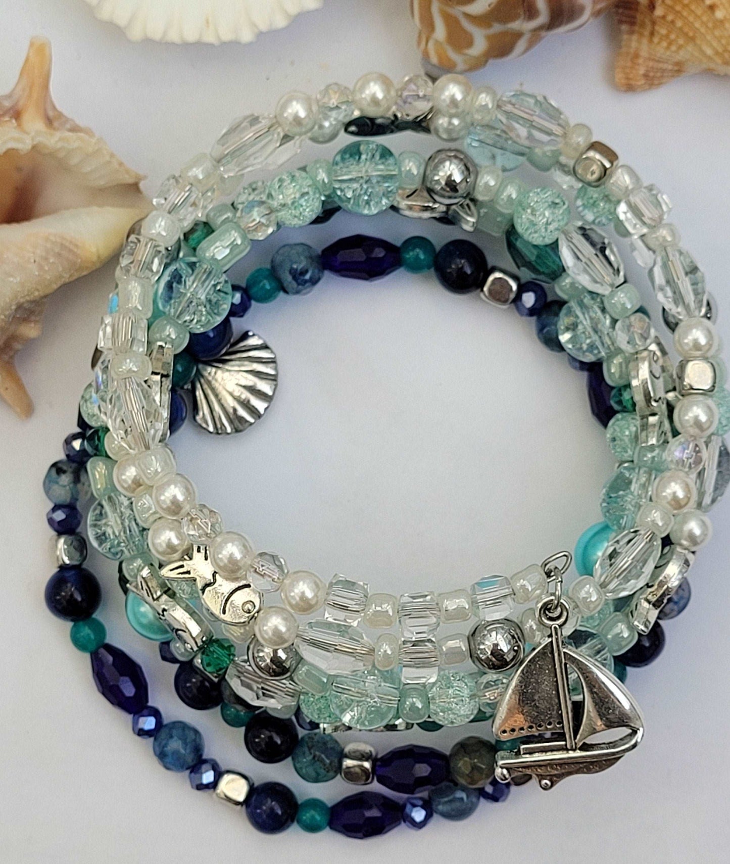 Blue Ocean Memory Wire Large Bracelet, Blue Stone Bracelet, Multi Strand Bracelet, Quartz, Agate, Hematite, Jade, Pearls Gemstone Cuff