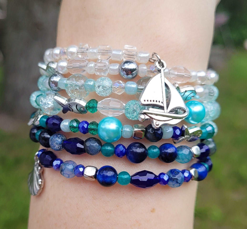 Blue Ocean Memory Wire Large Bracelet, Blue Stone Bracelet, Multi Strand Bracelet, Quartz, Agate, Hematite, Jade, Pearls Gemstone Cuff