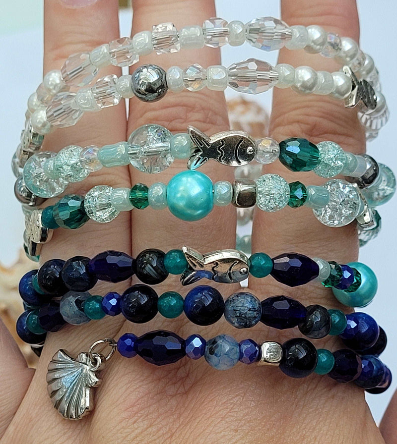 Blue Ocean Memory Wire Large Bracelet, Blue Stone Bracelet, Multi Strand Bracelet, Quartz, Agate, Hematite, Jade, Pearls Gemstone Cuff