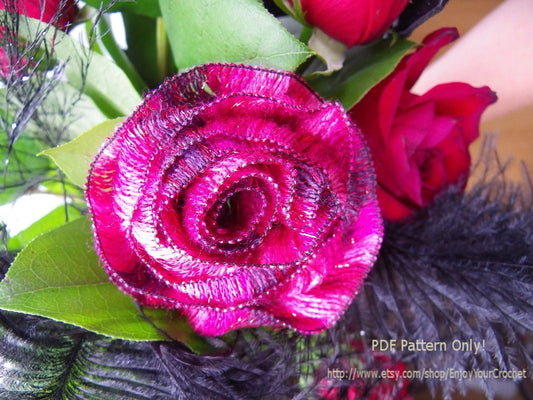 Crochet Rose Pattern: Ribbon Flower Brooch, Hat Accessory (PDF Pattern)