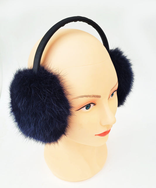 Navy Rabbit Fur Earmuffs, Adjustable Winter Ear Warmers