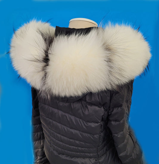 BY ORDER XXL Real Fox Fur (skin) Trim Hood with lining and buttons, White and Black Fox Fur Collar, Large Fur Scarf Ruff, Real Fur Hood