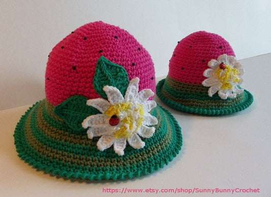 CROCHET HAT PATTERN, Crochet Sun Hat, Strawberry Pattern, Summer Hat Pattern with Flower, Crochet Pattern, Child, Kids, Girl, Watermelon hat