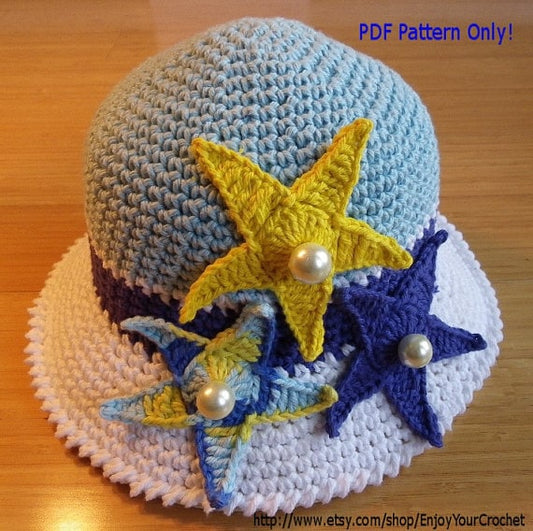 CROCHET PATTERN Hat, Children Pattern Hat, Crochet hat pattern, Starfish, Beach Hat, Brim Hat, Marine, Ocean, Spring, Woman, Sea Star, Baby