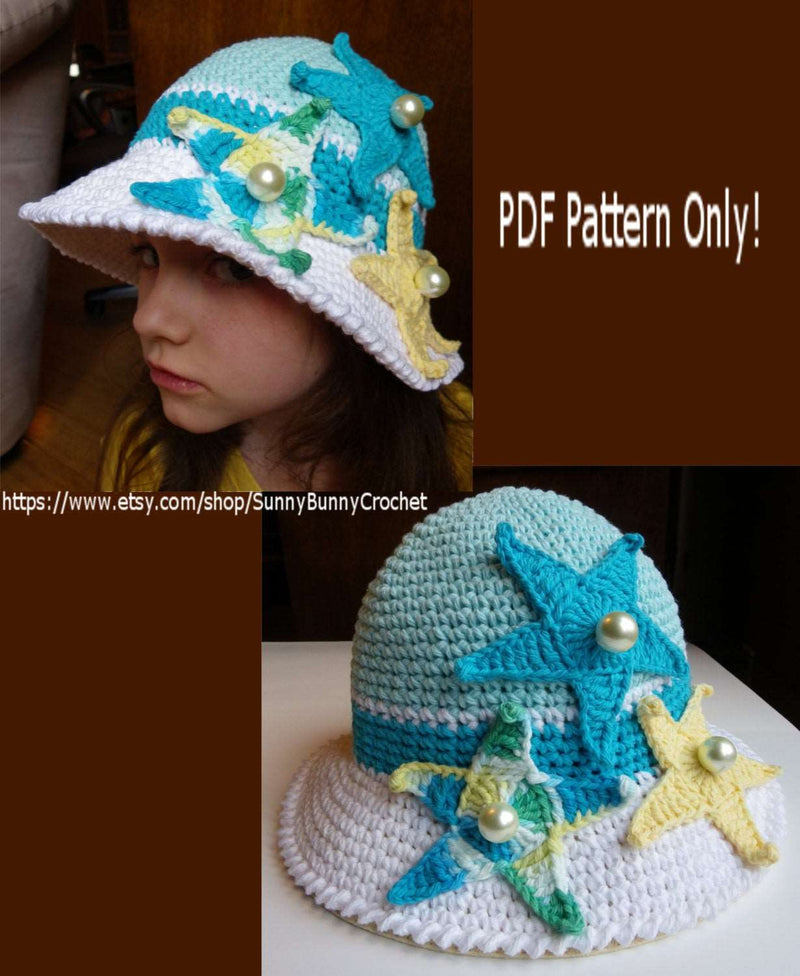 CROCHET HAT PATTERN-Summer Hat Pattern, Baby Beach Hat, Crochet Sun Hat, Summer Hat, Child, Brim, Ocean, Starfish, Sea Star,Baby, Girl, Kids
