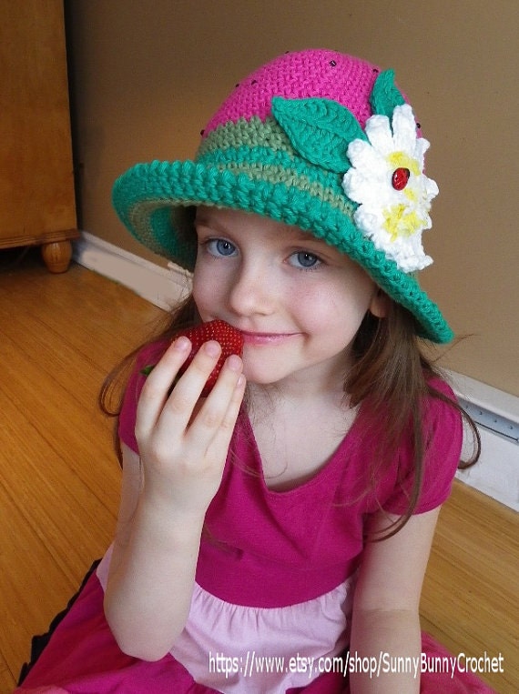 Crochet Strawberry Hat Pattern: Kids Summer Brim, Daisy, Ladybug (PDF Pattern)