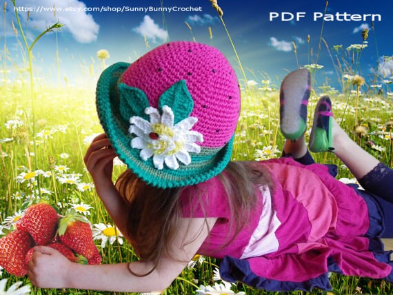 Crochet Hat Pattern, Crochet pattern, Brimmed hat with flower, Strawberry Sun Hat Pattern, Baby Hat with Daisy, Baby Crochet hat, Child hat