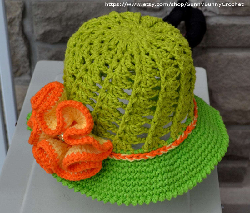 CROCHET SUMMER HAT - Crochet Sun hat, Girls Hat, Children, Large Flower, Cotton Beach Sun Hat, Brim, Baby, Crochet pattern, Green, Orange