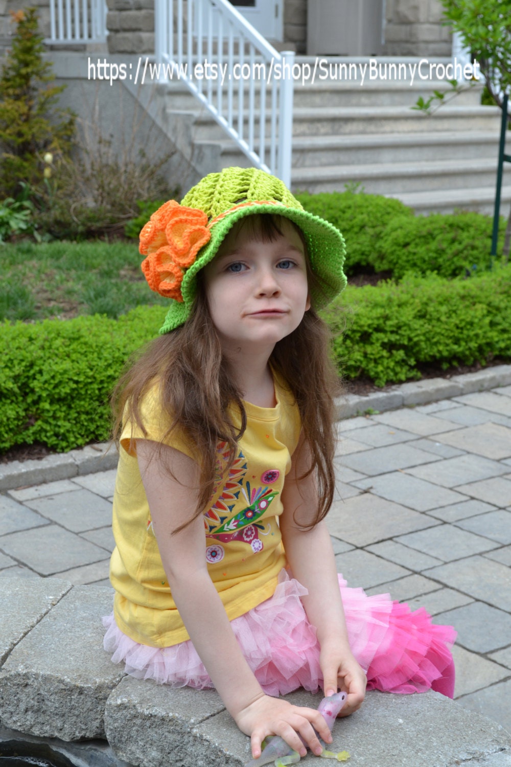 CROCHET SUMMER HAT - Crochet Sun hat, Girls Hat, Children, Large Flower, Cotton Beach Sun Hat, Brim, Baby, Crochet pattern, Green, Orange