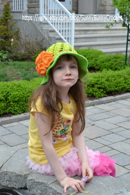 CROCHET SUMMER HAT - Crochet Sun hat, Girls Hat, Children, Large Flower, Cotton Beach Sun Hat, Brim, Baby, Crochet pattern, Green, Orange