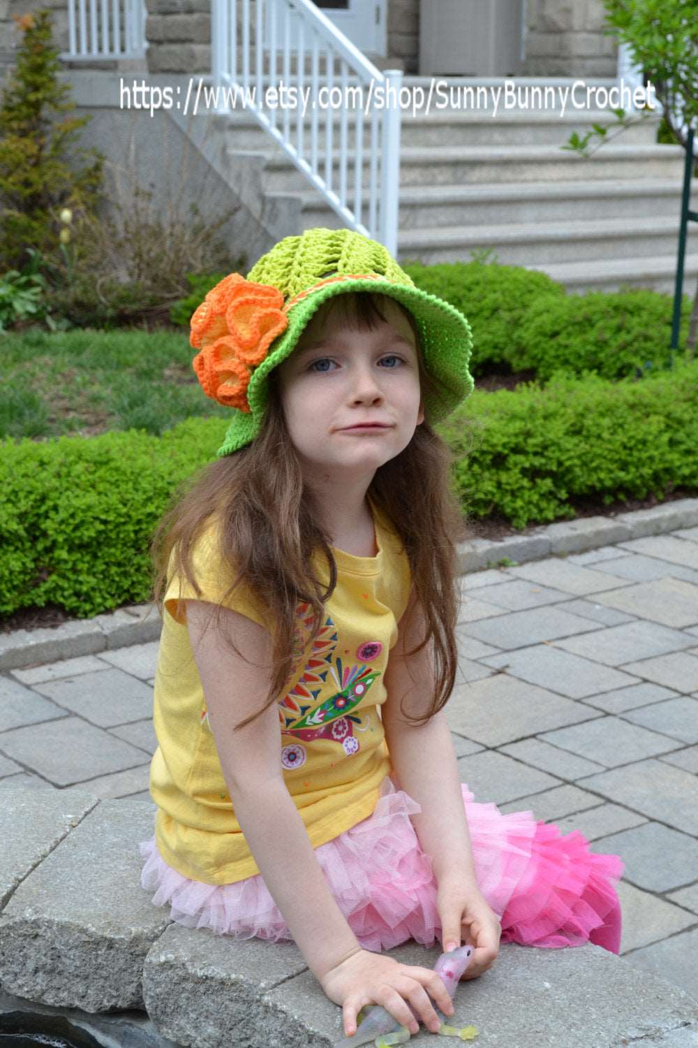 CROCHET SUMMER HAT - Crochet Sun hat, Girls Hat, Children, Large Flower, Cotton Beach Sun Hat, Brim, Baby, Crochet pattern, Green, Orange