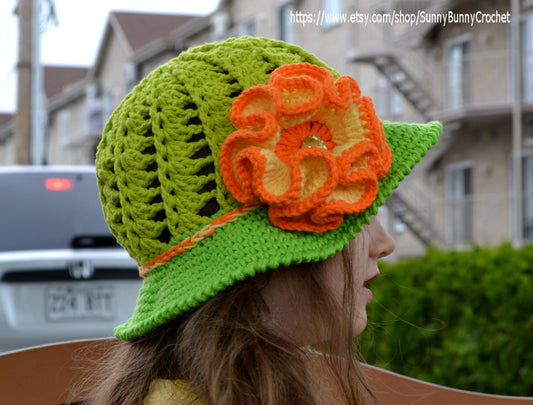 Crochet Summer Hat Pattern: Diagonal Ribbed Brim, Flower Accent (PDF Pattern)
