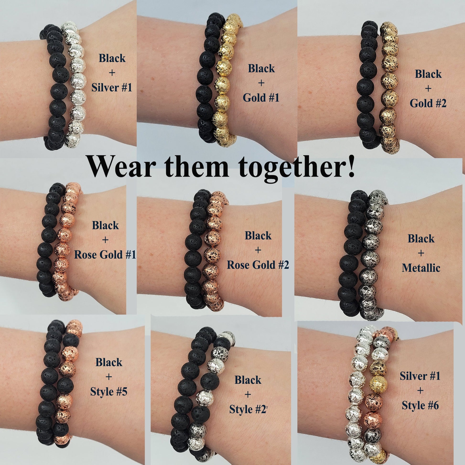 Gold, Silver, Metallic and Rose Gold shiny lava stone colors are plated (it is not real gold or silver), black lava stone bracelets