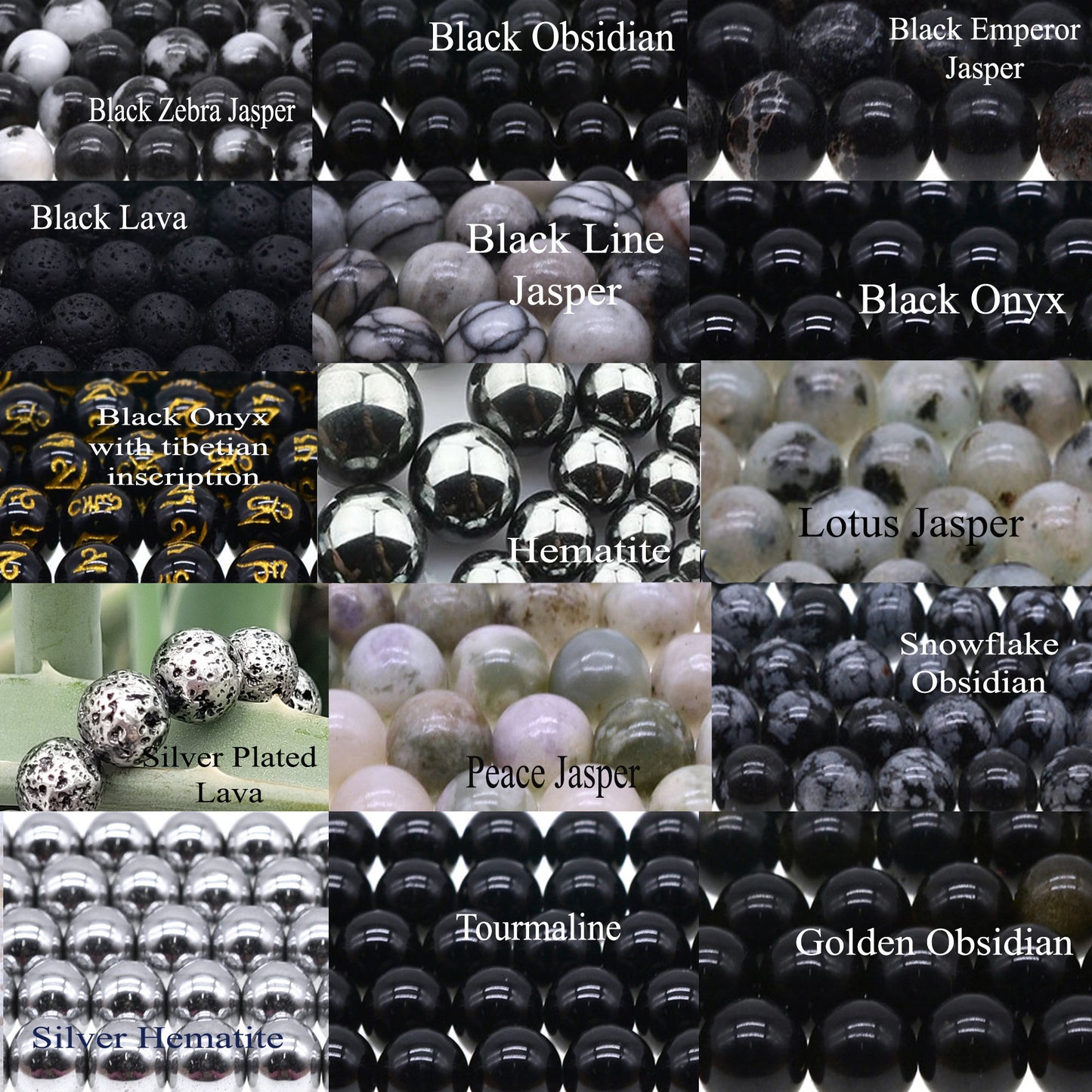 Black and Gray Natural Crystal Stone Beaded Bracelets for men and women: Black Zebra Jasper, Black obsidian, Black Emperor Jasper, Black Lava, Black Line jasper, Black Onyx, Hematite, lotus jasper, Silver Plated Lava, Peace Jasper, Snowflake Obsidian