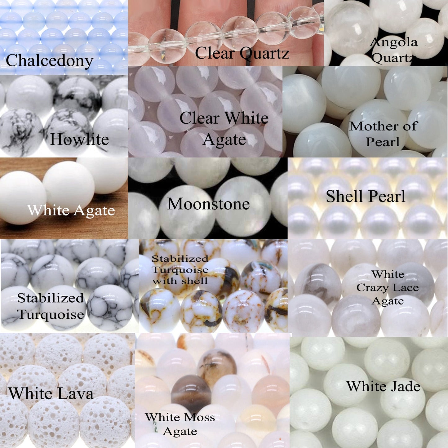 Real Natural Crystal Stone Beaded Bracelets for men and women of White color: Chalcedony, Clear Quartz, Angola Quartz, Howlite, Clear White Agate, Mother of Pearl, White Agate, Moonstone, Shell Pearl, Stabilized Turquoise