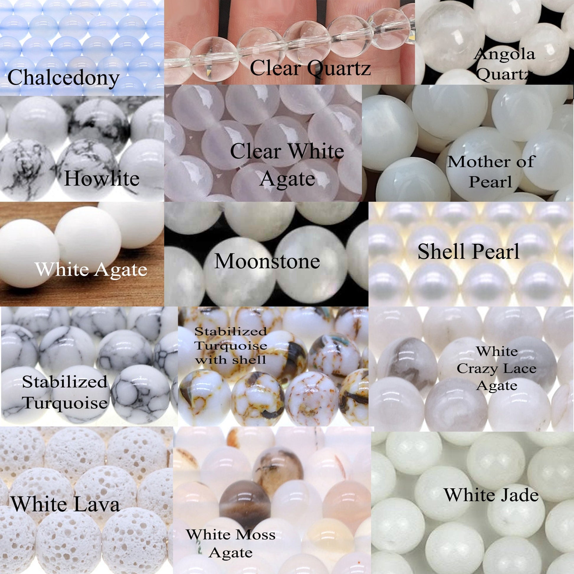 Real Natural Crystal Stone Beaded Bracelets for men and women of White color: Chalcedony, Clear Quartz, Angola Quartz, Howlite, Clear White Agate, Mother of Pearl, White Agate, Moonstone, Shell Pearl, Stabilized Turquoise