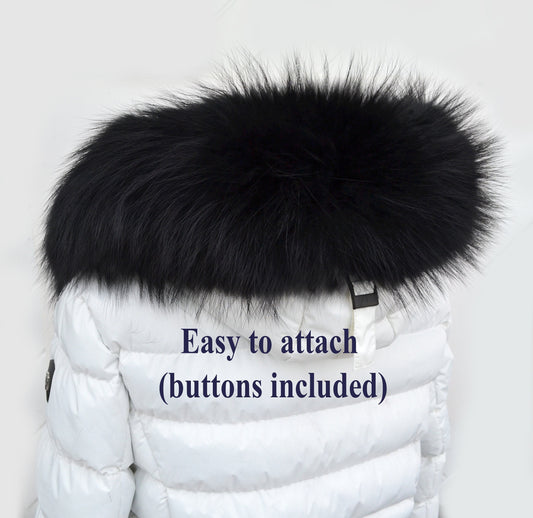 BY ORDER XL Large Black Real Raccoon Fur Collar, Fur Trim for Hoodie, Raccoon Fur Collar, Fur Scarf, Fur Ruff, Hood , Buttons included
