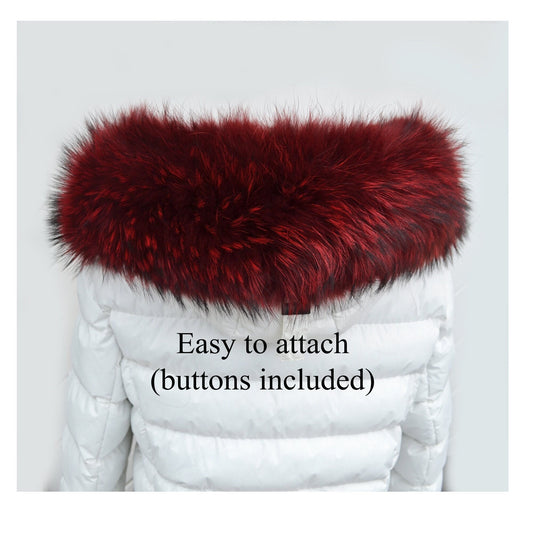 BY ORDER XL Large Red Real Raccoon Fur Collar, Fur Trim for Hoodie, Raccoon Fur Collar, Fur Scarf, Fur Ruff, Hood , Buttons included