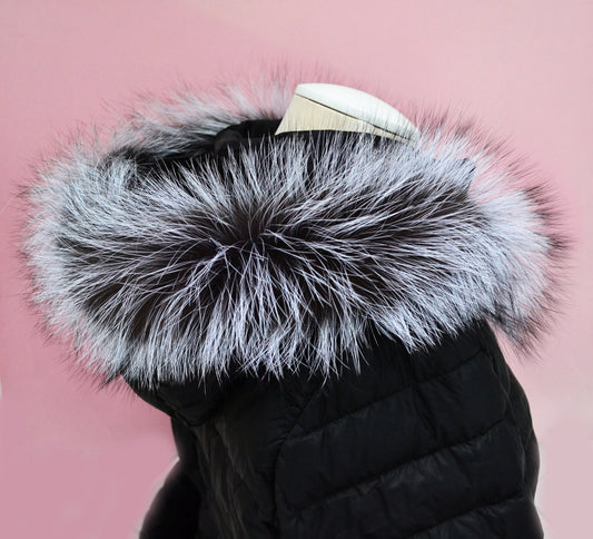 BY ORDER XL Real Silver Fox Fur Trim Hood, Large Fur collar trim, Fox Fur Collar, Fur Scarf, Fur Ruff, Fox Fur Hood, Fur Stripes 5x80