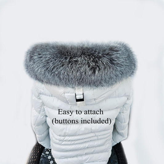 Silver Arctic fox fur hood trim cut from genuine Arctic fox pelt – size XL