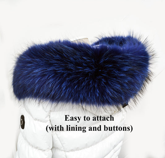 BY ORDER XL Large Blue Real Raccoon Fur Collar, Fur Trim for Hoodie, Raccoon Fur Collar, Fur Scarf, Fur Ruff, Hood , Buttons included