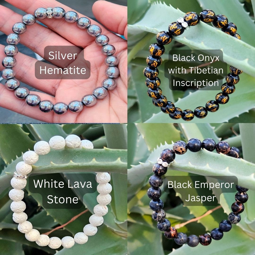 White, Gray and Black 100% natural crystal stone bracelets for men and women: Silver Hematite, Black Onyx with Tibetian Inscription, White Lava Stone and Black Emperor Jasper