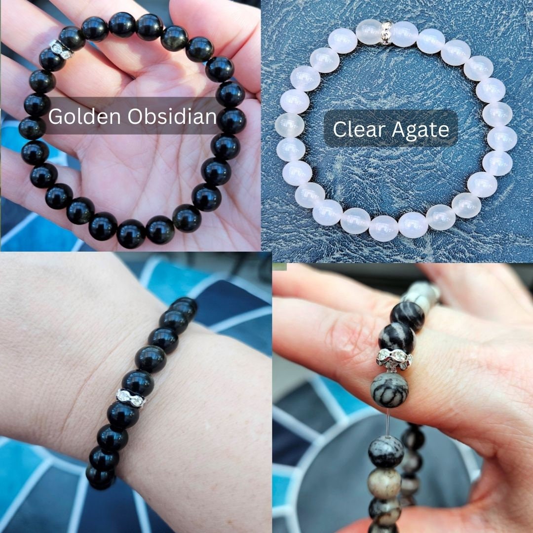 White, Gray and Black 100% natural crystal stone bracelets for men and women: Golden Obsidian, Clear Agate