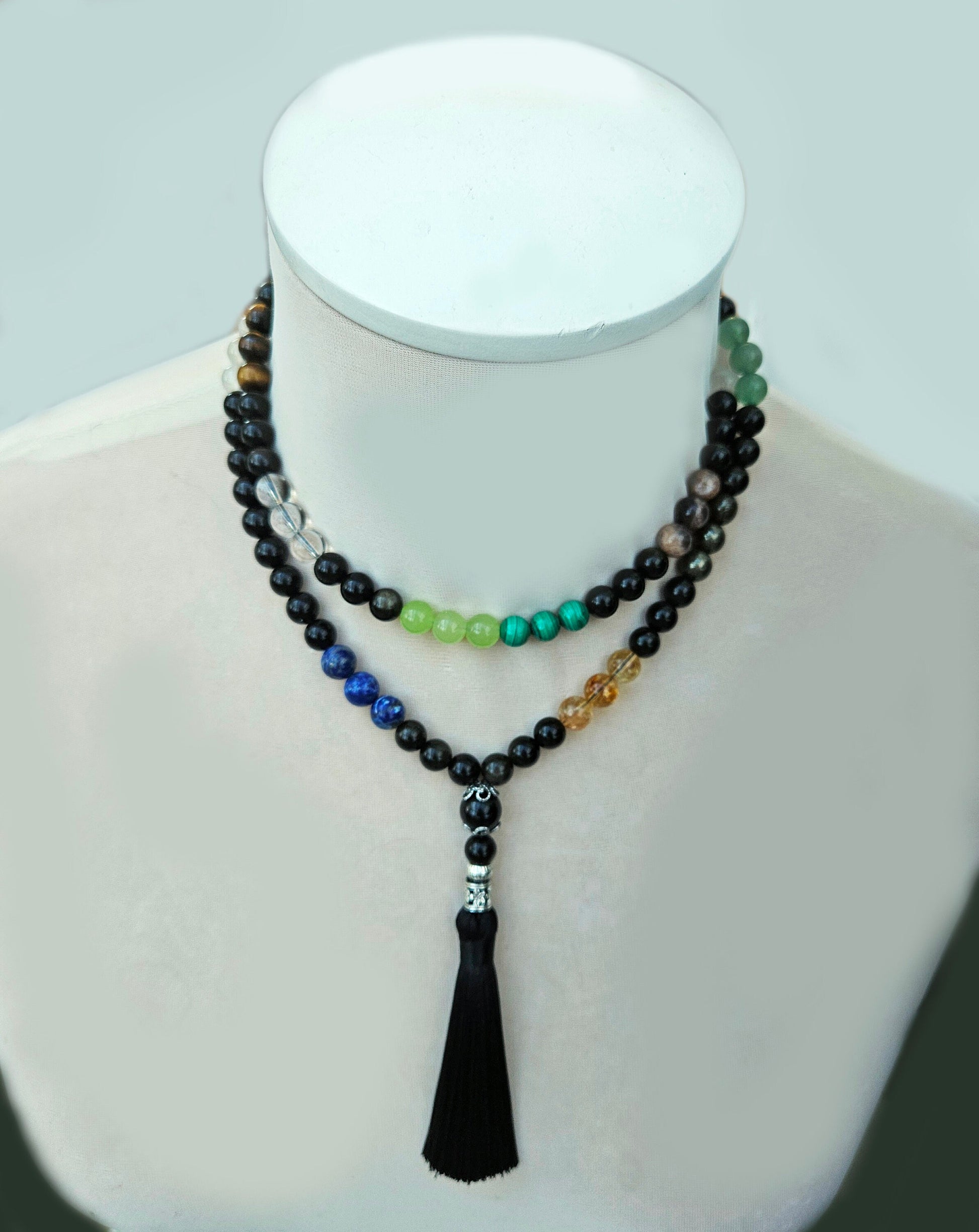 108 Mala Beads, Prayer Beads, Muslim Misbaha, Rosary, Mala Necklace, Hand Knotted Meditation Beads, Yoga Necklace, Crystal Stone Beads, 8mm with tassel