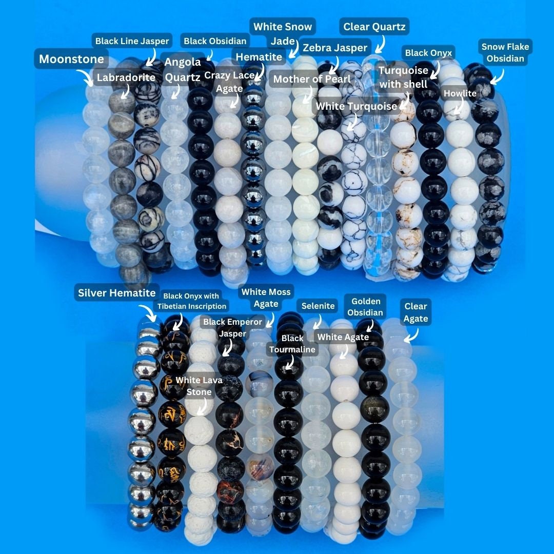 BLACK - GRAY - WHITE COLOR CRYSTAL STONES BEADED BRACELETS (PROTECTION, HEALING, BALANCE, HARMONY) for men and women. White gemstones are often sought after for their purity and ability to enhance clarity and focus in meditation and healing practices