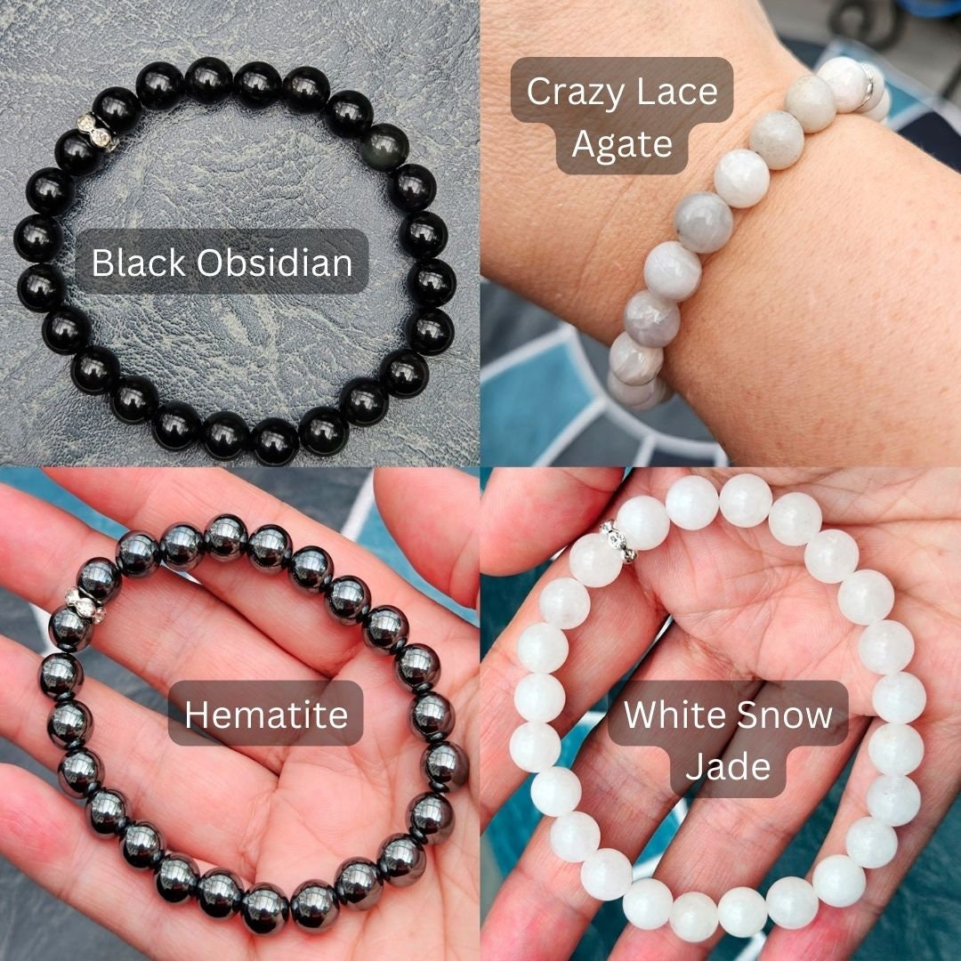 White, Gray and Black 100% natural crystal stone bracelets for men and women: Black Obsidian, Crazy Lace Agate, Hematite and White Snow Jade, 8 mm beads