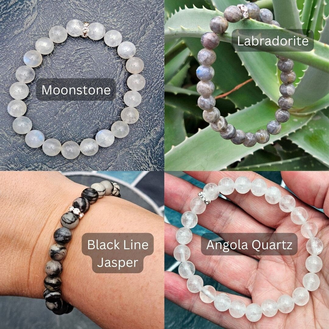 White and Black crystal stone bracelets for men and women: Moonstone, Labradorite, Black Line Jasper and Angola Quartz, 8 mm beads