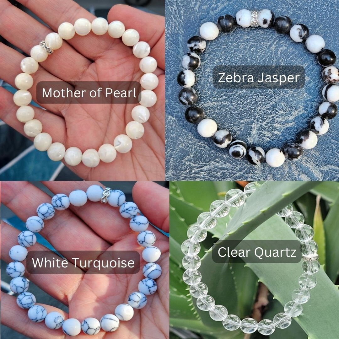 White, Gray and Black 100% natural crystal stone bracelets for men and women: Mother of Pearl, Zebra jasper, White Turquoise, Clear Quartz
