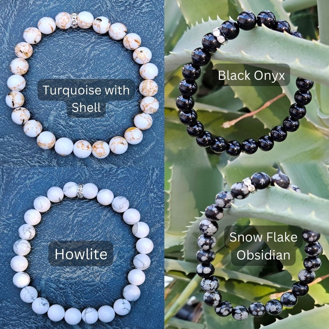 White, Gray and Black 100% natural crystal stone bracelets for men and women: Turquoise with Shell, Black Onyx, Howlite and Snow Flake Obsidian