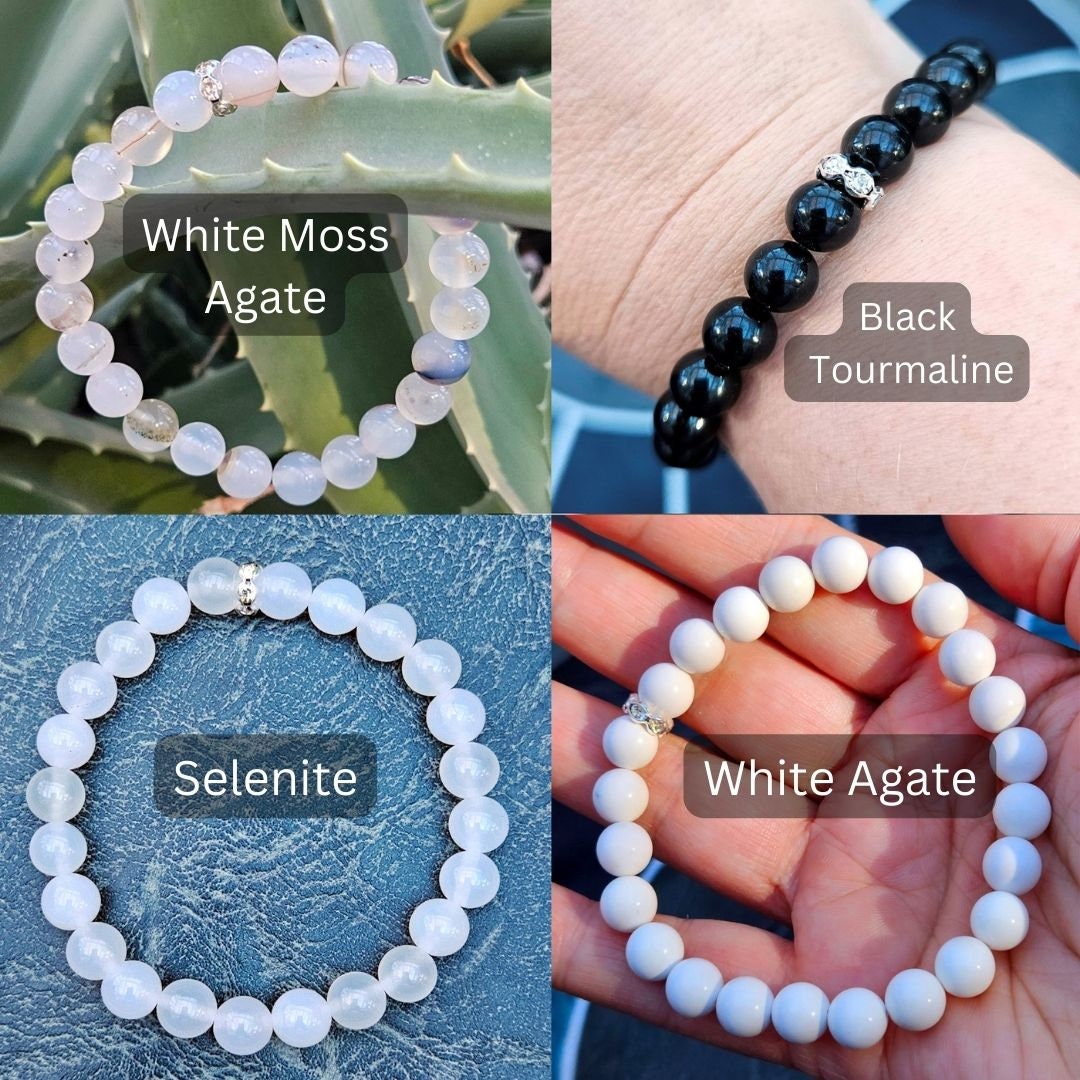 White, Gray and Black 100% natural crystal stone bracelets for men and women: White Moss Agate, Black Tourmaline, Selenite and White Agate