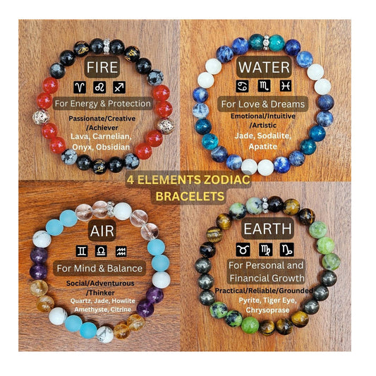 Zodiac Bracelet, Birthstone Bracelets, Four Elements Bracelets, Crystal Gemstone Bracelet, Water Fire Earth Air, Zodiac Jewelry  for Women
