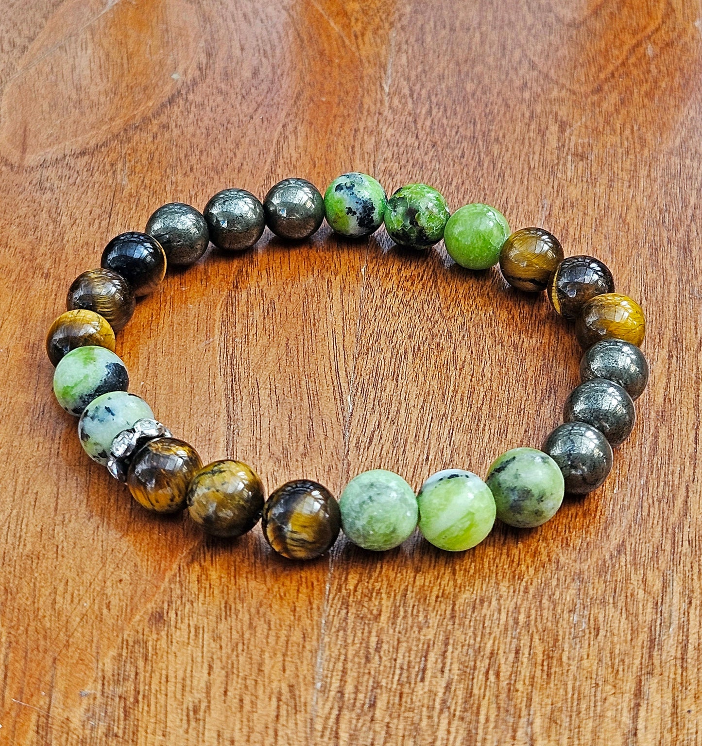 EARTH ELEMENT BRACELET(such zodiac signs as taurus, virgo, capricorn)  is made with grounding brown and green gemstones such as Pyrite, Tiger Eye, and Chrysoprase to provide stability, abundance, and protection.