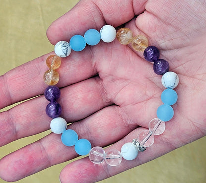 AIR ELEMENT BRACELET (such zodiac signs as gemini, libra, aquarius) includes white, blue, purple and yellow gemstones like Clear Quartz, Blue Jade, Howlite, Amethyste and Citrine to boost communication, mental clarity, and self-expression.
