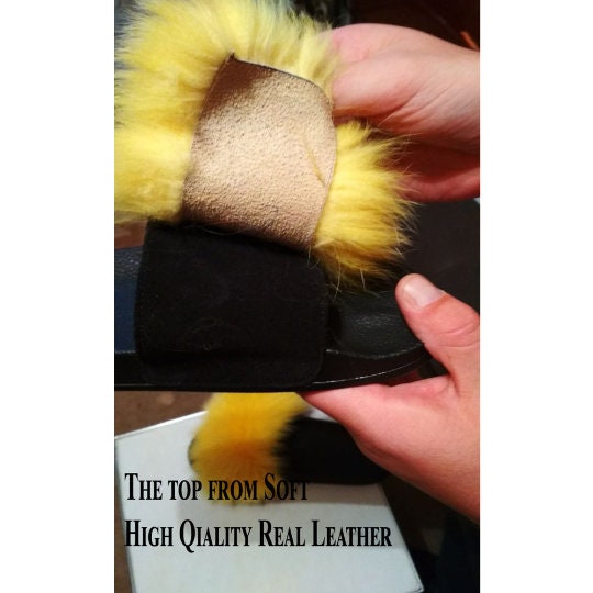 READY to SHIP, size 9 Black Real Fox Fur Slippers Women Girl Beach Large Finnish Fox Fur Sandals Summer Slides Fashion Fluffy Shoes Flops