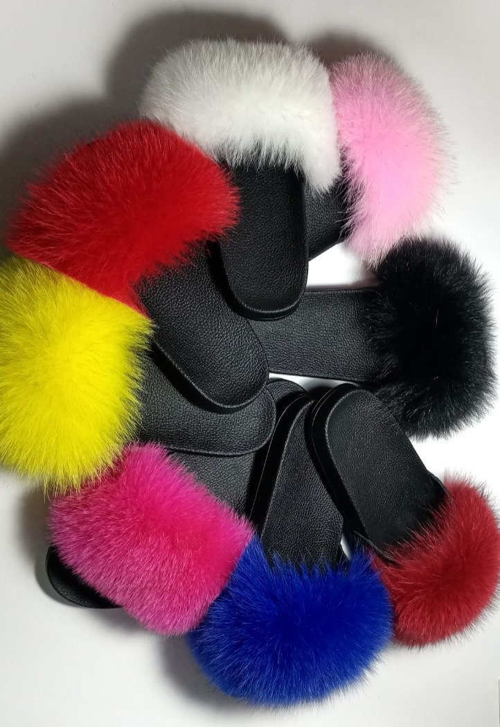 BY ORDER Real Fox Fur Slides Women Girl Beach Large Finnish Fox Fur Sandals Summer Slippers Fashion Fluffy Shoes Flip Flops