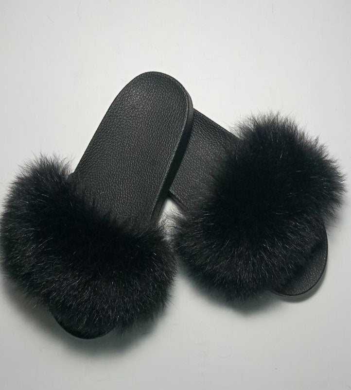 BY ORDER Black Real Fox Fur Slippers Women Girl Beach Large Finnish Fox Fur Sandals Summer Slides Fashion Fluffy Shoes Flip Flops Leather