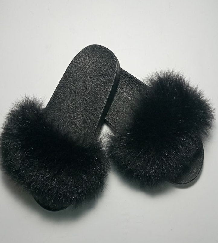 BY ORDER Black Real Fox Fur Slippers Women Girl Beach Large Finnish Fox Fur Sandals Summer Slides Fashion Fluffy Shoes Flip Flops Leather