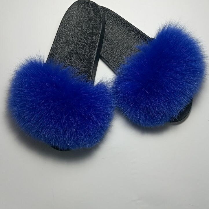 Royal Blue Fox Fur Slides, Suede Leather Slippers