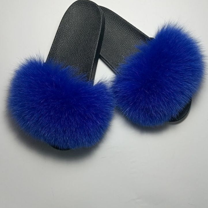 Royal Blue Fox Fur Slides, Suede Leather Slippers