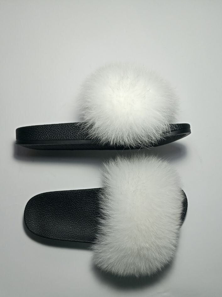 BY ORDER Off White Real Fox Fur Slides Women Girl Leather Beach Large Finnish Fox Fur Sandals Summer Slippers Fashion Fluffy Shoes Flip Flop