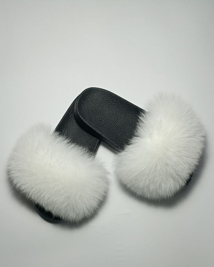 BY ORDER Off White Real Fox Fur Slides Women Girl Leather Beach Large Finnish Fox Fur Sandals Summer Slippers Fashion Fluffy Shoes Flip Flop