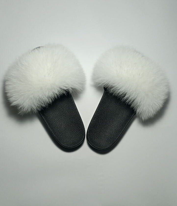 BY ORDER Off White Real Fox Fur Slides Women Girl Leather Beach Large Finnish Fox Fur Sandals Summer Slippers Fashion Fluffy Shoes Flip Flop