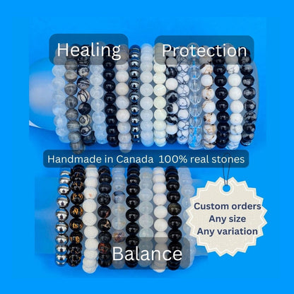 White Black Crystal Stone Bracelets, Real Stone Bracelet 8mm Round Beads, Handmade Men Women Stretchy Bracelet, Healing Natural Bracelets