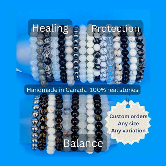 White Black Crystal Stone Bracelets, Real Stone Bracelet 8mm Round Beads, Handmade Men Women Stretchy Bracelet, Healing Natural Bracelets